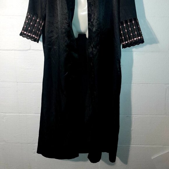 Delicates Women's Black Silky Wrap Robe Lightweight Intimates Rosebud Lace - Picture 4 of 10